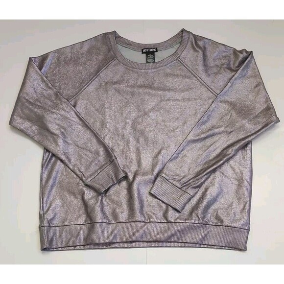 NWOT + Ladies HOTTOPIC Shiny Gunmetal Silver LS Crew Neck Sweatshirt Size 2X - Picture 2 of 8